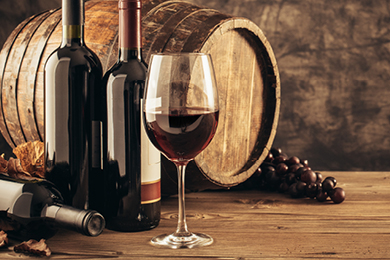 Wine bottle, glass and keg