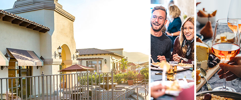 Talega collage outside view, people laughing and dining, charcuterie board with rose' wine